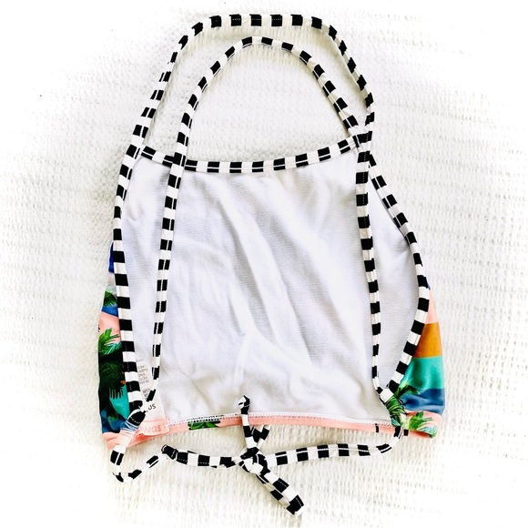 SALINAS | S | High Neck Palm Coral Sunset Bikini Black White Striped Sport Top - Picture 4 of 16